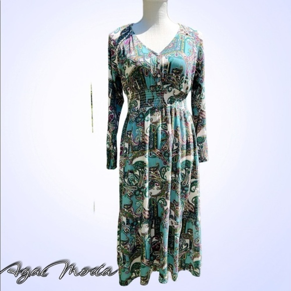 Kate & Sam paisley smocked long sleeves midi dress